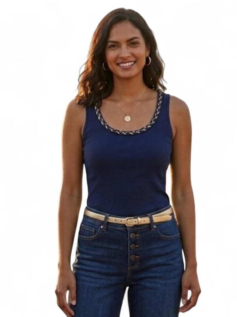 NY & Co Cotton Blue Tank with gold detail